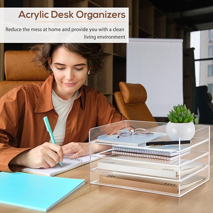 Harloon 4 Tier Acrylic Paper Tray Paper Organizer for Desk Clear File Organizer 12. 4 x 8. 9 x 1. 7 Inches File Tray for Office Workspace Desktop Storage, No Need to Assemble(Transparent)