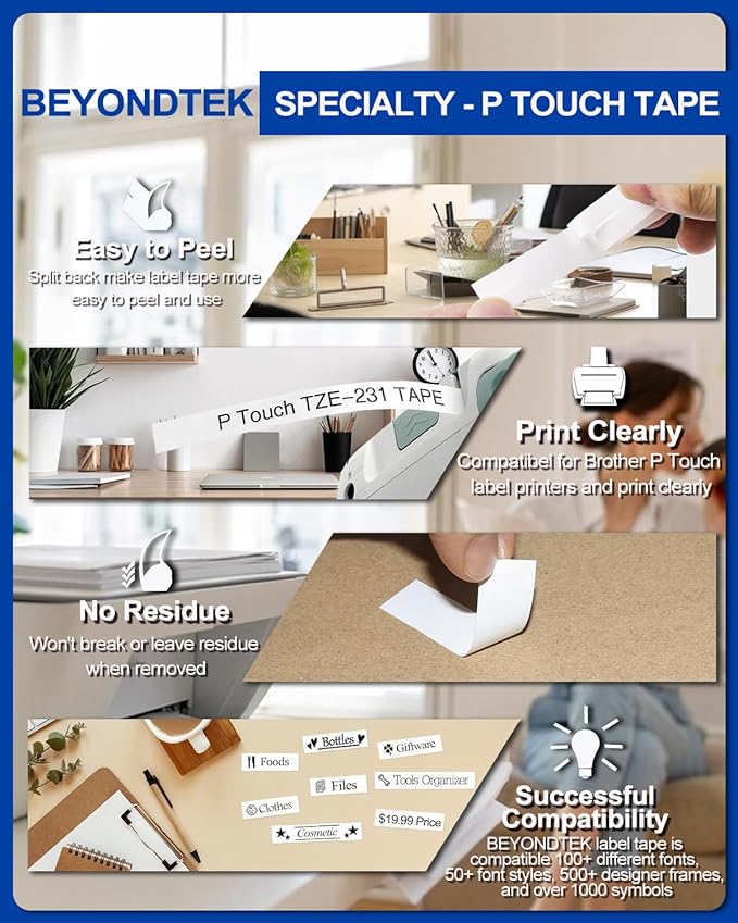 5*2PK TZe-231 Work for Brother P Touch Label Tape H110 D210 D400 D600 Replace with Brother Label Maker Tape 12mm 0.47 Laminated White Black on White for P Touch 1180 1280 1880 2040, 26.2Feet