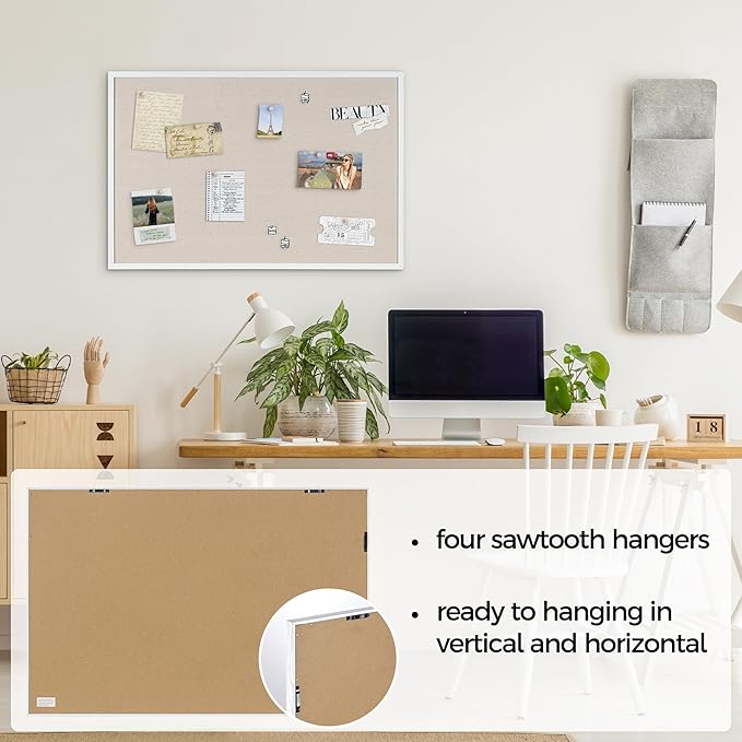 Fun Memories Cork Board Bulletin Board for Office, 24" x 36" Oak Wooden Framed Corkboard, Wall Mounted Notice Pin Board for School Home & Office, White