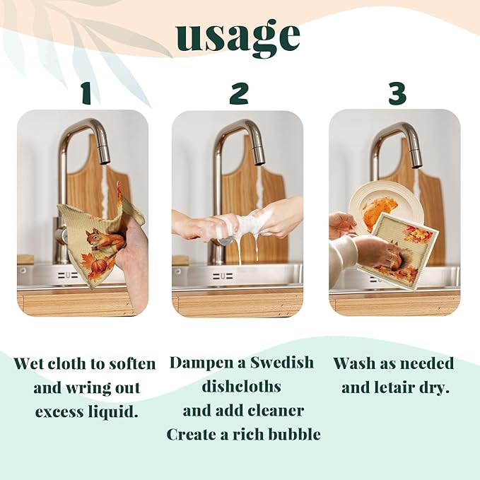 Swedish Dishcloths for Kitchen Cloths Towels, Cute Squirrel Fall Pumpkin Maple Leaves Gifts 4 Pack Dish Cloths for Kitchen, Vintage Autumn Papaya Reusable Cleaning Paper Towels Washable
