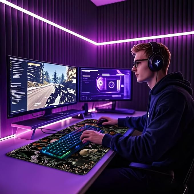 Large Gaming Mouse Pad 31.5x15.7 Inch, XXL Mousepad with Non-Slip Rubber Base & Stitched Edges, Extended Desk Mat for Computer/Laptop/Office/Home Goth Floral Black Mystical
