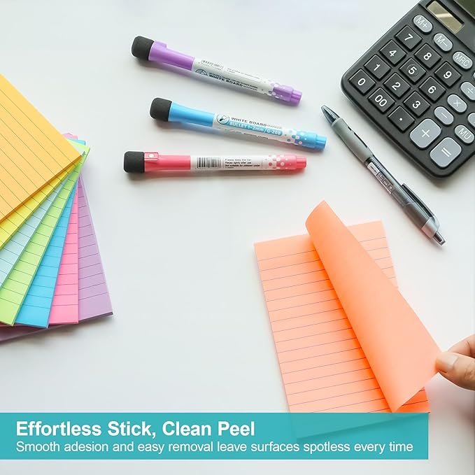 Lined Sticky Notes, 8 Pads 4x6 Sticky Notes Self-Stick Note Pad Its Bright Post Colorful Stickies for Office Home School Meeting