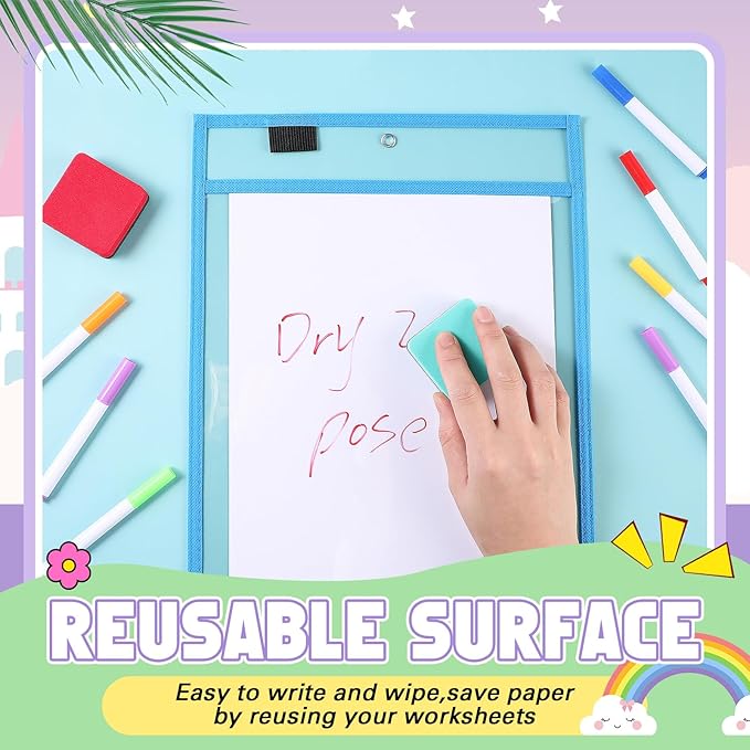 24 Pack Dry Erase Pocket Reusable Sleeves 10" x 14" Clear Plastic Sheet Protectors with Dry Erase Markers and Mini Sleeves Paper Teacher Supplies(Rainbow)
