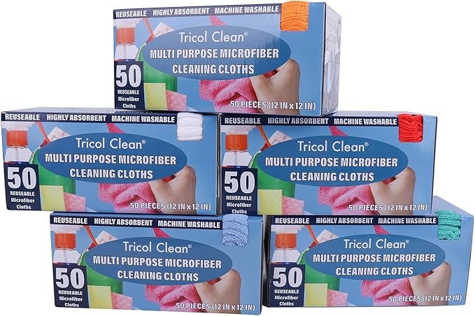 Tricol Clean Profesional Resuable Lint Free Microfiber Edgeless Cleaning Cloth 50PK Cleaning Rags,Absorbent Microfiber Wipes in Dispenser Box for Housekeeping, Car Cleaning(12 * 12 Inches)( Green 1)