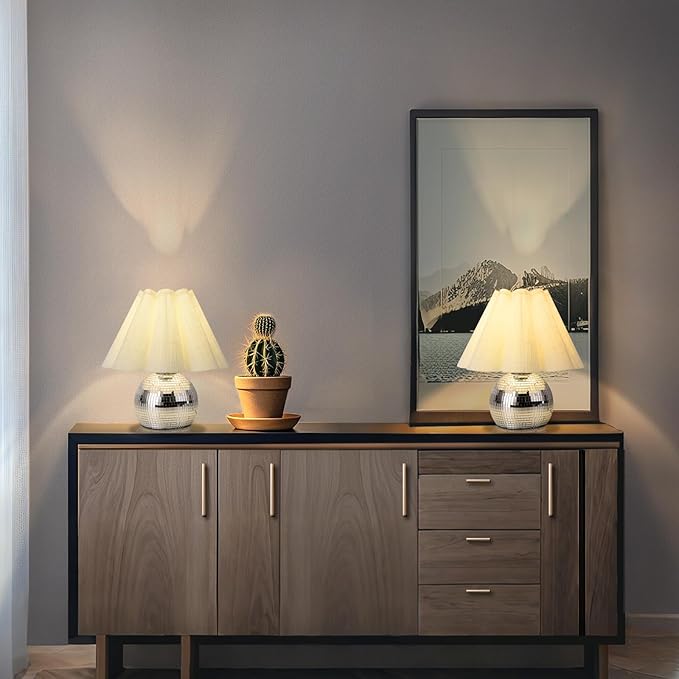 Disco Small Table Lamp for Bedroom, Funky Lamp Ball Lamps for Kitchen, Mini Table Lamps for Small Spaces with Scalloped Shade for Nightstand Desk Lamp