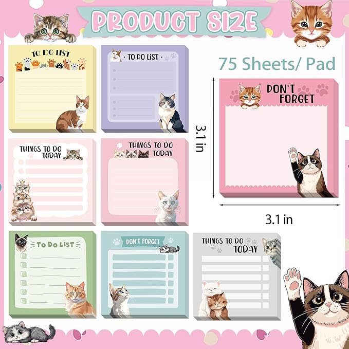 600Pcs Cat Sticky Notes, Funny Cat to Do List Notepad Cat Theme Self Stick Note Pads Cute Cat Memo Pads Kawaii Cartoon Animal Sticky Notes for Cat Lover Office Home School Supplies