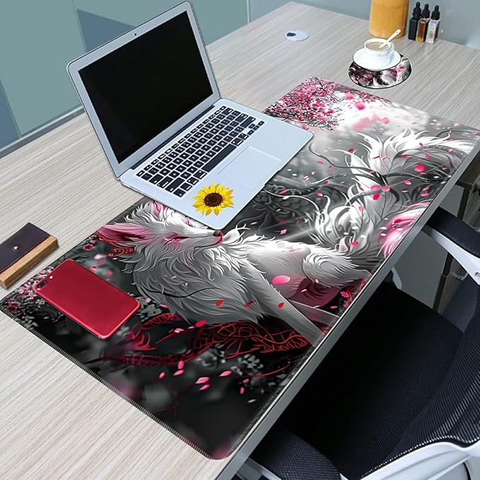 Desk Mat Large Gaming Mouse Pad (31.5x11.8 inch) with Stitched Edges, XL Mouse Pad +Coaster, Extended Mouse Mat Keybroad Mousepad Non-Slip Rubber for Gamer Men Women, White Fox