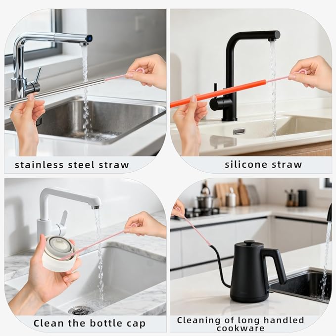 TenderBloom Silicone Straw Cleaner Brush, 4-Piece Reusable Straw Brush Set with Extra-Long Design for Cleaning Thin Metal Straws and Wider Milkshake Straws (6mm+9mm Pink)