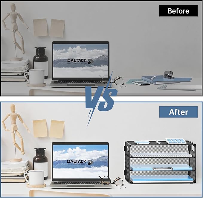 DALTACK 3 Tier Letter Tray Paper Organizer with Handle, Mesh Desk File Organizer, Paper Tray Desk Organizer for School Office Home, Metal Mesh, Black