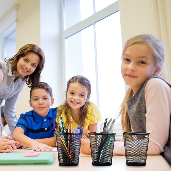Leelosp 6 Pcs Pen Holder Mesh Pen Cup Bulk Metal Pencil Cup Holder for Desk Black Organizer Round Office Classroom for Back to School Students Kids Adult