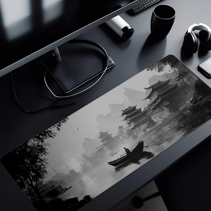 Japanese Ink Landscape Mouse Pad Abstract Black Mouse Pad 31.5x11.8 Inch LandscapeTexture Non-Slip Rubber Base Large Mousepad Stitched Edges Keyboard Mouse Mat Desk Pad for Office and Home