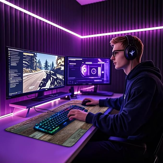 Rustic Wood Pattern Large Gaming Mouse Pad 31.5"x15.7"|XXL Desk Mat, Non-Slip Rubber Base & Stitched Edges - Extended Waterproof Mousepad for PC/Laptop/Office/Home Decor