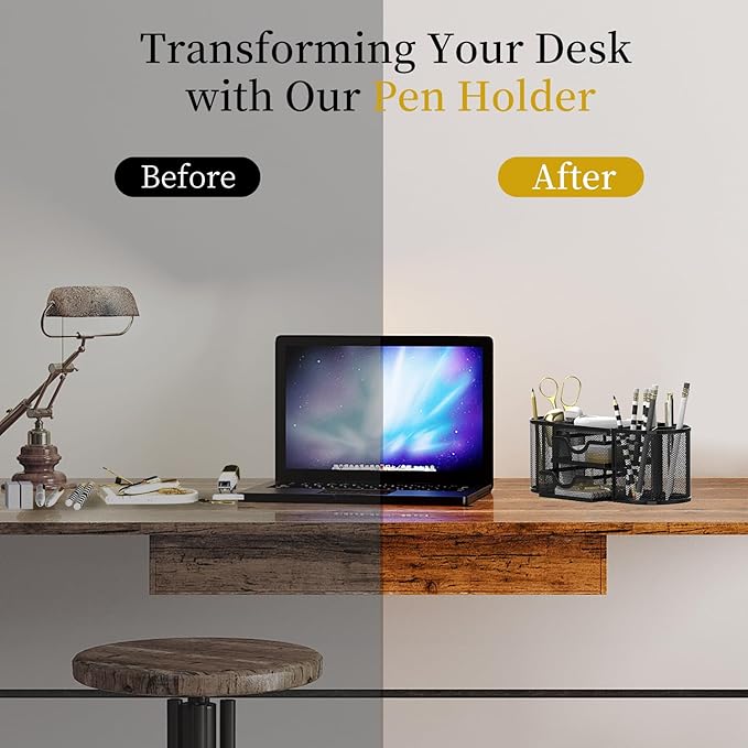 SUPEASY Mesh Desk Organizer, Desk Organizers and Accessories, Pen Holder with Drawers, Pencil Holder for Desk with 2 Drawer for Office Supplies, Black