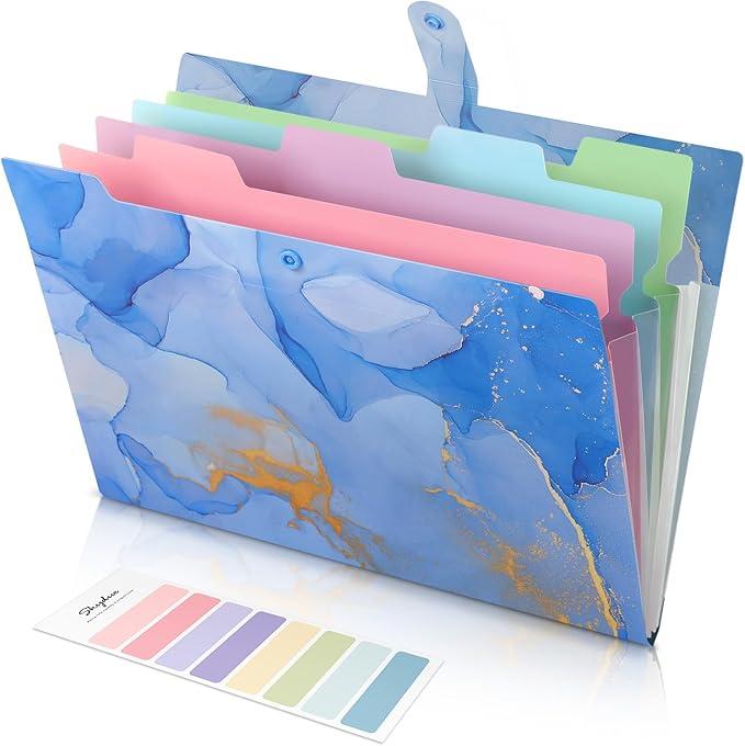 SKYDUE 5 Pockets Expanding File Folder, File Folders, Cute Accordion File Organizer with Labels (1 Pack, Blue)