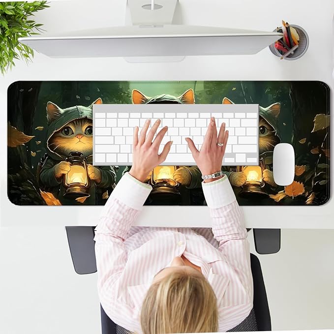 Anime Cat in Green Forest Adventure Gaming Desk Mat, Extended Large Fantasy Kawaii Cute Aesthetic Mouse Pad, Computer Keyboard Laptop Mousepad for Work, Office and Home, XL