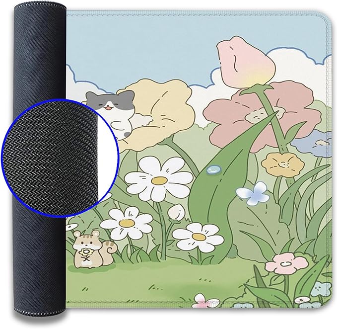 Cute Cartoon Bear Rabbit Cat and Flowers Extended Desk Pad Mouse Pad,Stitched Edges Non-Slip Rubber Base XL Mouse Mat Desk Mat for Office Home Work Floral Mousepad(27.5X11.8 Inch)