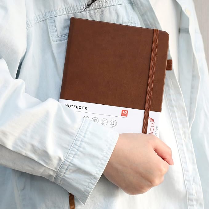 Deziliao Lined Journal Notebooks with Pen Loop, Hardcover Notebook Journal for Work, 100Gsm Premium Thick Paper with Inner Pocket, Medium 5.7"x8.4", (Brown, Ruled)