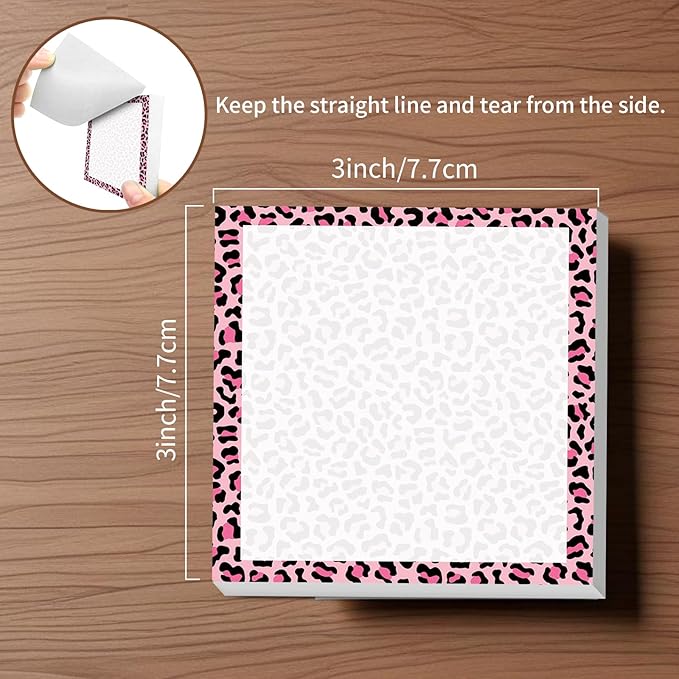 Sticky Notes, 2 Pads, 3x3 inches, Cute Colorful Fun Self-Stick Note Pads, Easy Post, Strong Adhesive Notepad Pink Leopard