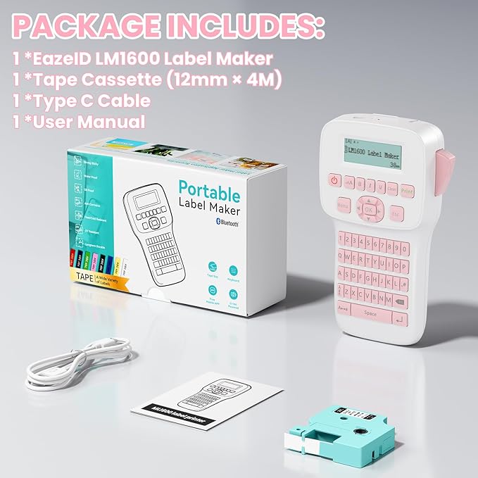 Pink Label Maker Handheld, Rechargeable Bluetooth Label Maker Waterproof-Labels, Keyboard Labeler Machine, Backlit Display, Multiple Symbol Icon Style Templates for Home Office Organization, LM1600