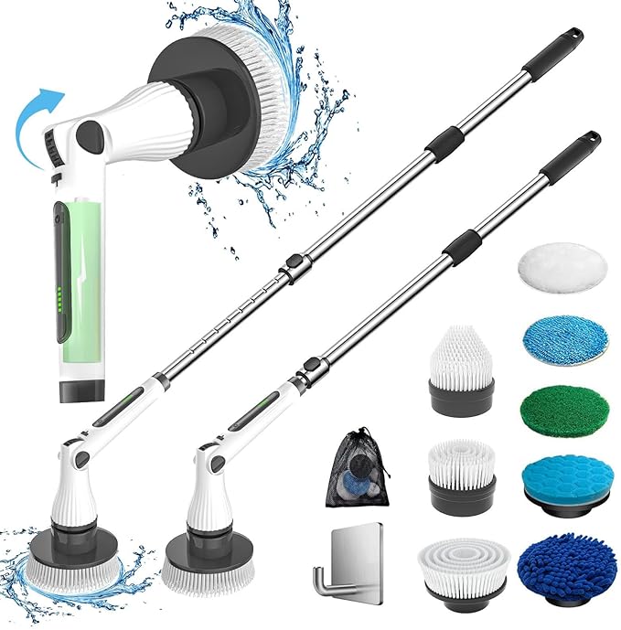 Electric Spin Scrubber, Cordless Cleaning Brush, Rechargeable Scrub Brush with 8 Replaceable Brush Heads, Adjustable Length and Angle Power Scrubber for Bathroom Tile Bathtub Glass