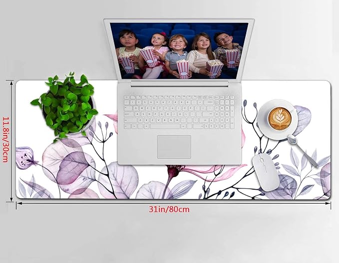 Extended Gaming Mouse Pad (31.5 X 11.8 in), Large Non-Slip Rubber Base Mousepad,Keyboard Mouse Mat Desk Pad for Work, Game, Office, Home - White Pink Flower, MOU-04