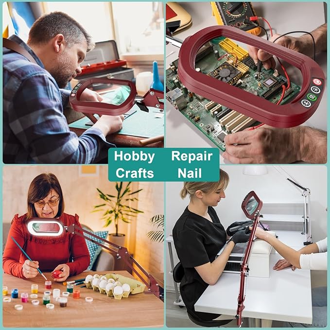 10X Rectangle Magnifying Glass with Light, 5 Color Modes Stepless Dimmable Magnifier with Stand, LED Lighted Clamp Desk Lamp with Swing Arm, Hands Free for Reading Painting Close Work - Red