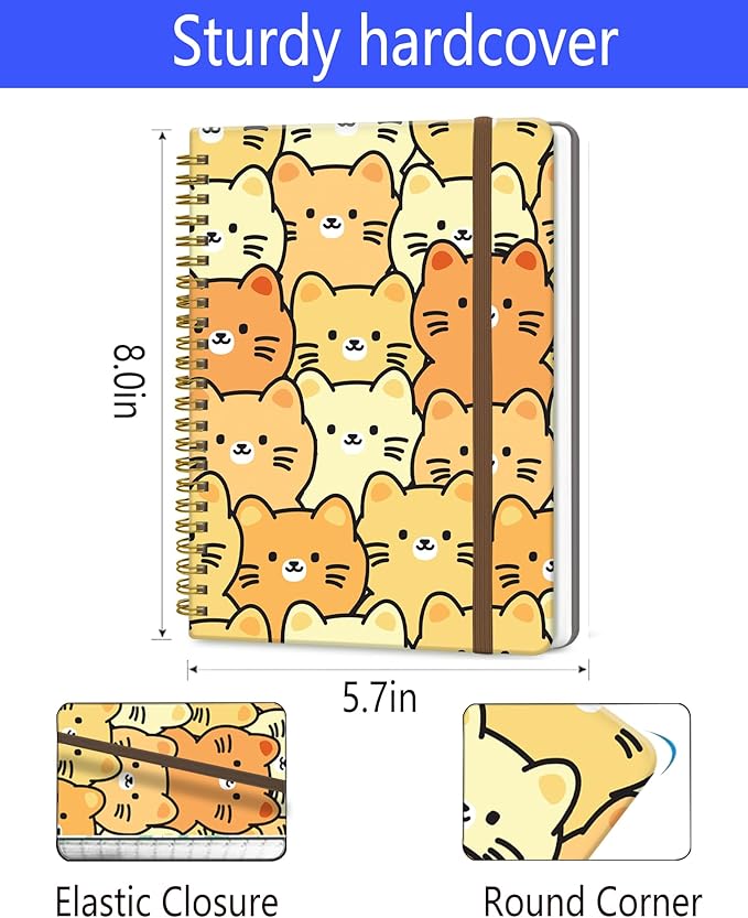 Spiral Journal Notebook, A5 Cute Notebooks for Women Men, College Ruled Hardcover Notebook for Work & Note Taking, 60 Pages Double-Wire Journals for Writing, Cute Colorful Cats