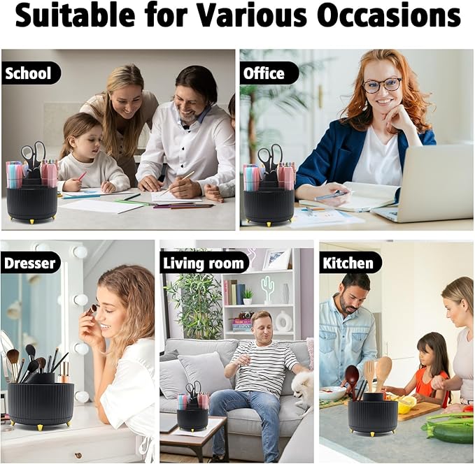 Black Desk Accessories, Rotating Pen Holder Set,Black Office Supplies with Stapler and Tape Dispenser Set, Gifts for Office Clerks,Student