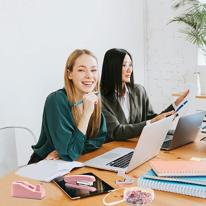 Pink Office Supplies, UPIHO Pink Desk Accessories, Stapler and Tape Dispenser Set for Women with Stapler, Tape Dispenser, Staple Remover, Staples, Clips, Scissor and Tabs,Gift for Students, Coworkers