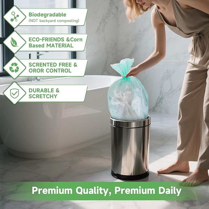 1.6 Gallon Small Trash Bags For Bathroom - Mini Garbage Bags(Fit 1.2-1.6 Gal 5-6L) 100 Count Unscented Biodegradable Compostable Waste Basket Kitchen Office Liners Strong Thick Bulk Heihaily
