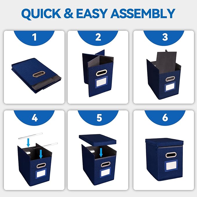 2 Pack Hanging File Folders Organizer with Lid, Letter Size Fabric File Storage Box Collapsible, Portable Office Document Holder with Metal Handle, Smooth PVC Rails, Blue