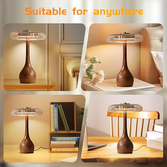 Small Table Lamp for Bedroom-Wooden Base Teardrop Mushroom Table Lamps,Amber Glass Shade,LED Three Color Temperature Adjustable Brightness Modern LED Side Table and Desk Lighting(H 12.4 in)