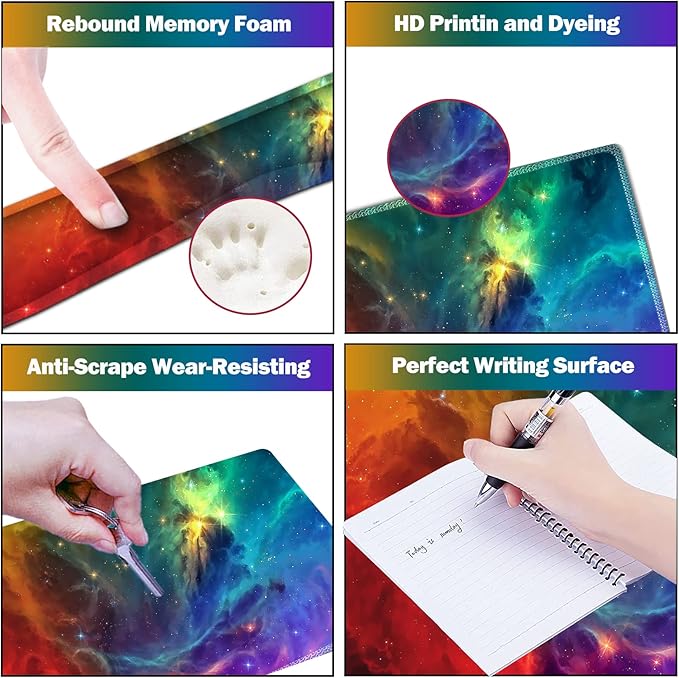 ARTSO Extended Gaming Mouse Pad Set, Keyboard Wrist Rest Support Pad + Wrist Cushion + XXL Large Mouse Pad + Coaster, Stitched Edge, Non-Slip, Memory Foam Desk Mat, Color Nebula Galaxy