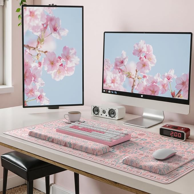 iCasso Mouse Pad with Wrist Rest,Large Desk Mat Set,Ergonomic Keyboard Pad with Wrist Support,Non-Slip Mouse Mat for Women,Cute Floral Computer Mat for Home Office Gaming (Pink)