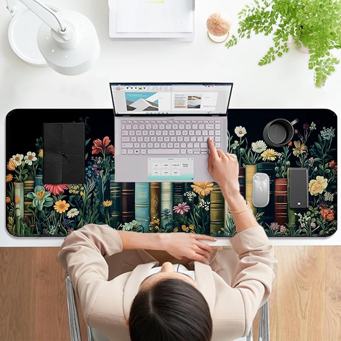Fantasy Pretty Wildflower and Book Gaming Desk Mat, Computer Keyboard Large Extended Long Floral Mouse Pad for Office and Home, XL (W02)