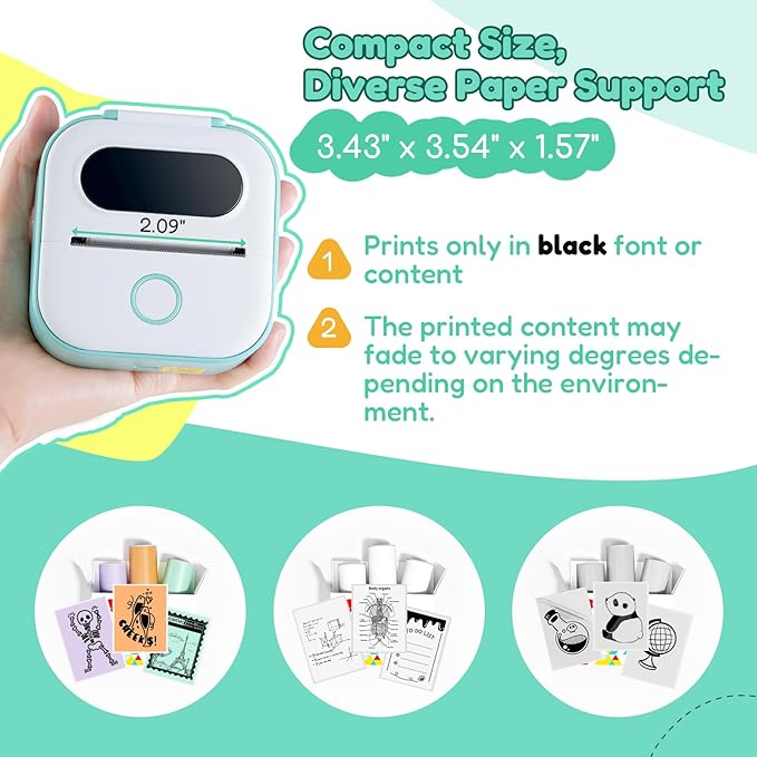 Sticker Printer Y02C, Portable Mini Sticker Maker Y02C, Mini Printer Sticker Machine with 1 Roll Paper, Bluetooth Thermal Portable Inkless Receipt Machine for Learning, Note, Photos, Journal