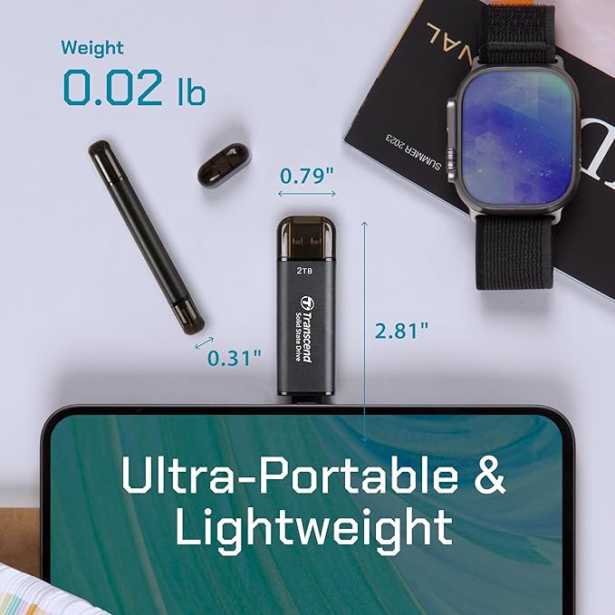 Transcend 1TB External SSD, Up to 1,050MB/s, Dual USB Drive for Pixel10, Tesla, iPhone17,16,15&iPad&Mac/Steam Deck/ROG Ally/MSI Claw/Android/PS5/Smart TV, 2-in-1 Type C &A, USB 3.2 Gen2 Portable SSD