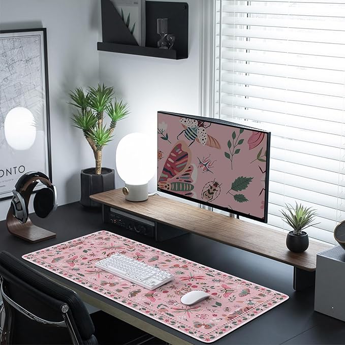 HAOCOO Pink Desk Pad Mat, Cute Keyboard Mat, Large Mouse Pad for Desk, Cute Desk Mat with Edge Stitched, Non-Slip Desk Pad for Keyboard and Mouse, Gaming, Office