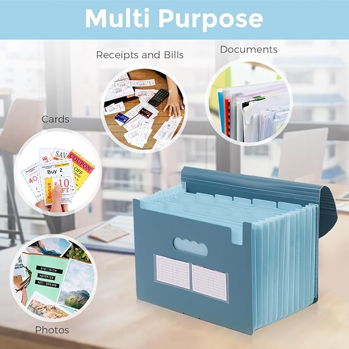 SKYDUE Accordion File Organizer, 13 Pocket File Folder Organizer with Monthly & Blank Labels, Mist Blue Document Organizer with Solid Inner Pages, Letter A4 Size for Office School