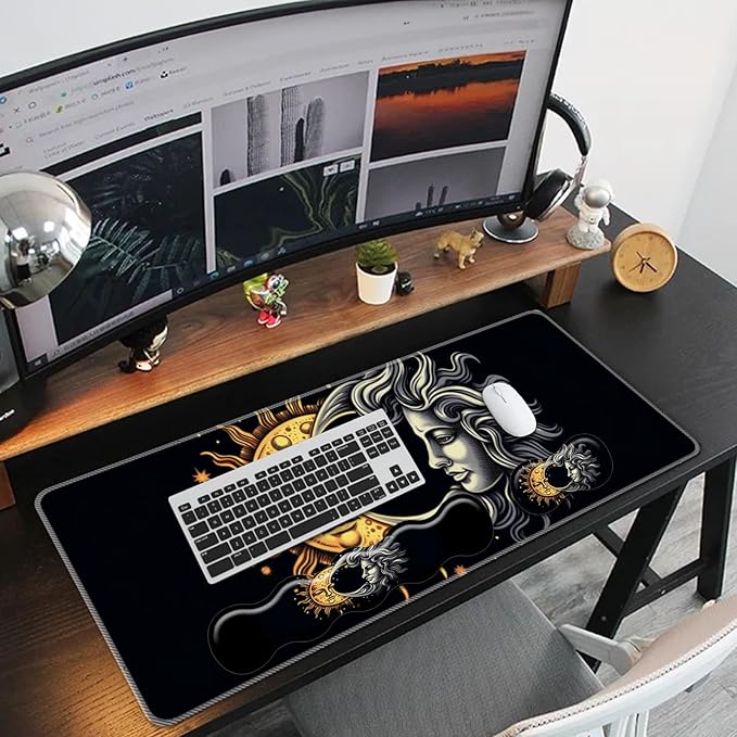 Keyboard Mouse Pad Set,Large Mouse Pad+Keyboard Wrist Rest+Wrist Support+Coaster,31.5x11.8in Extended Desk Mat for Computer Laptop Office Home-Sun Moon
