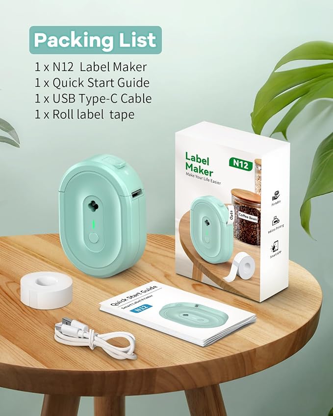 Mini Label Maker Machine with Tape, Small Portable Bluetooth Thermal Label Printer, Handy Wireless Inkless Sticker Printer for Home, Kitchen, Kids School Items, Classroom, Office Organization (Green)