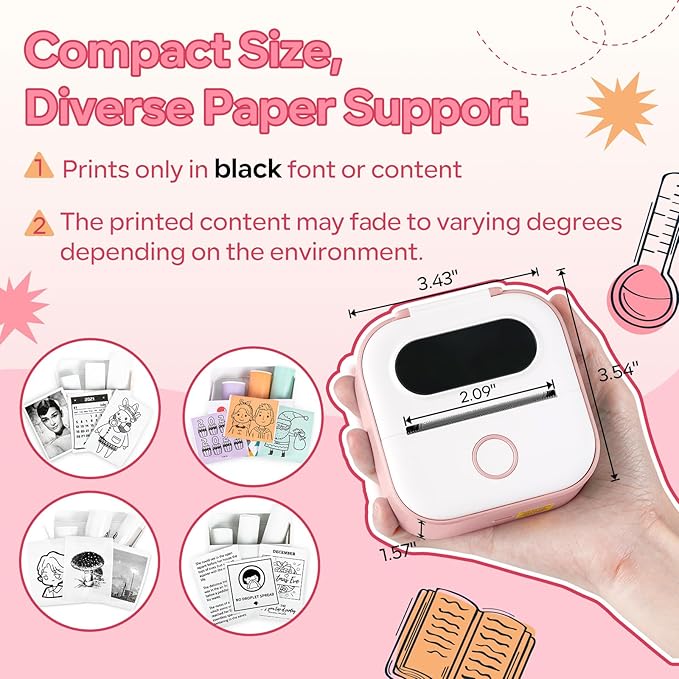Sticker Printer Machine, Print Pods Mini Maker with 1 Roll Paper, Mini Portable Sticker Maker Y02C, Bluetooth Inkless for Phone, Thermal Portable Machine for Journal, Note, Photos, Learning