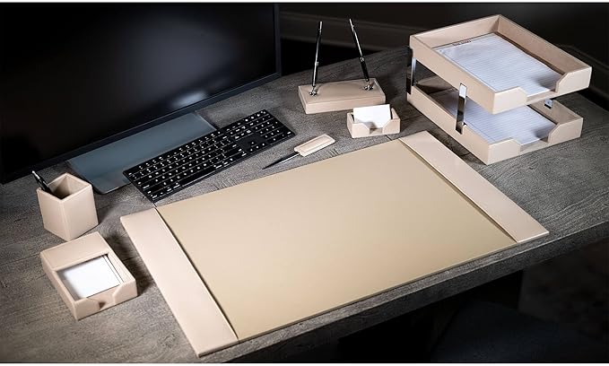 Dacasso Bonded Set Luxury Leather Desk Pad & Desk Organization Essentials, 9 Piece, White Latte