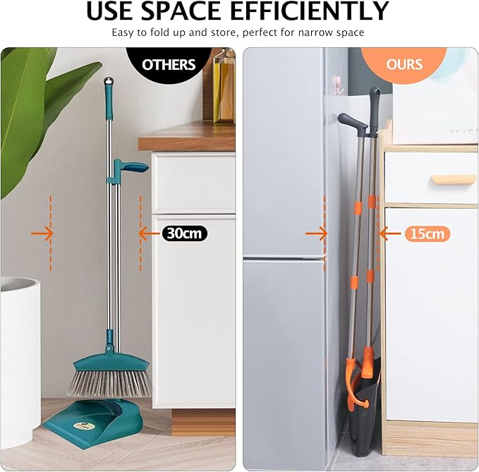 XXFLOWER Broom and Dustpan Set with Long Handle, Light Weight Stainless Steel Poles Stand Upright Dustpans with Broom Combo for Home Kitchen Office Pet Dog Hair, Black & Orange Color, 1-Pack
