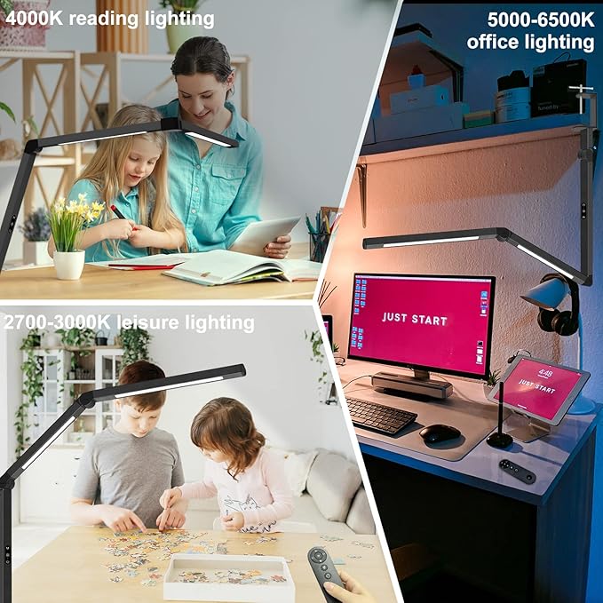 LED Desk Lamp with Clamp, Architect Desk Lamp for Home Office with Remote Control, Swing Arm Clamp on Computer Light, Clip-on Eye-Care Adjustable 5 Brightness Levels Table Light for Working Drafting