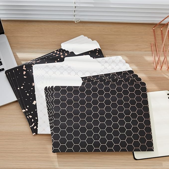 Y YOMA 12 Pack Rose Gold File Folders Letter Size Decorative File Folder Cute Pretty Colored Heavyweight Filing Folder File Organizers for Office School Home Desktop with 1/3-Cut Tab, Black & White