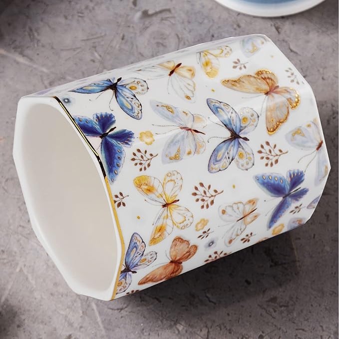 Jwest Pen Holder, Ceramic Shiny Gold Graphic Butterfly Pattern Pencil Cup for Girls Kids Women Durable Stand Desk Organizer Makeup Brush Holder Gift for Office, Classroom, Home Butterfly