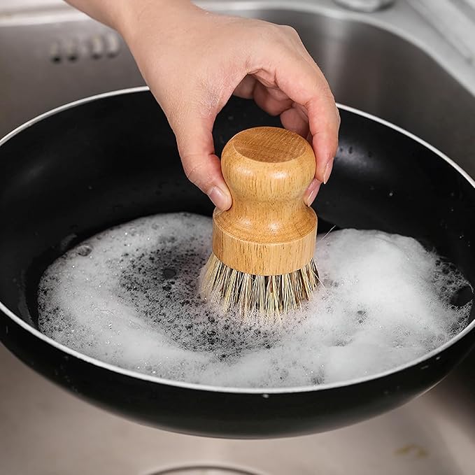2er Pack Palm Pot Brush- Bamboo Round Mini Dish Brush Natural Scrub Brush Durable Scrubber Cleaning Kit with Union Fiber and Tampico Fiber for Cleaning Pots, Pans and Vegetables (A, L)