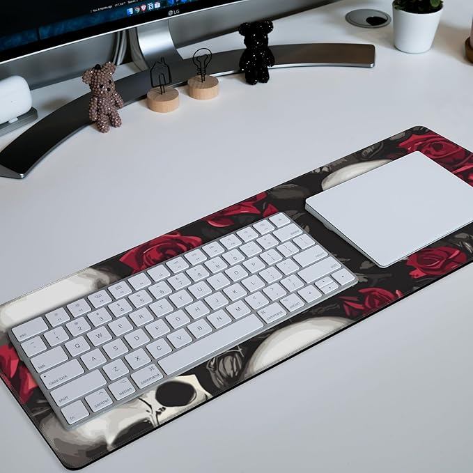 Large Gaming Mouse Pad for Desk Skulls and Roses Big Desk Mat Extended Mousepad with Stitched Edge and Non-Slip Base Long Computer Keyboard Mouse Mat for Home Office Work, 11.8 x 31.5 Inch