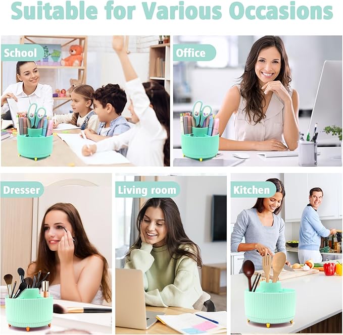 Green Desk Accessories, Rotating Pen Holder Set,Green Office Supplies with Stapler and Tape Dispenser Set, Gifts for Office Clerks,Student